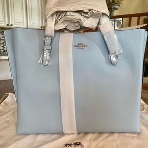 Coach Mollie Large Leather Tote powder blue silver Red zip inside NEW receipt